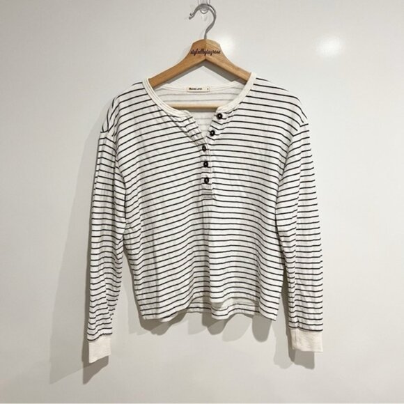 Marine Layer Double Knit Carter Henley Long Sleeve Top in White/Black Stripe - Picture 3 of 9